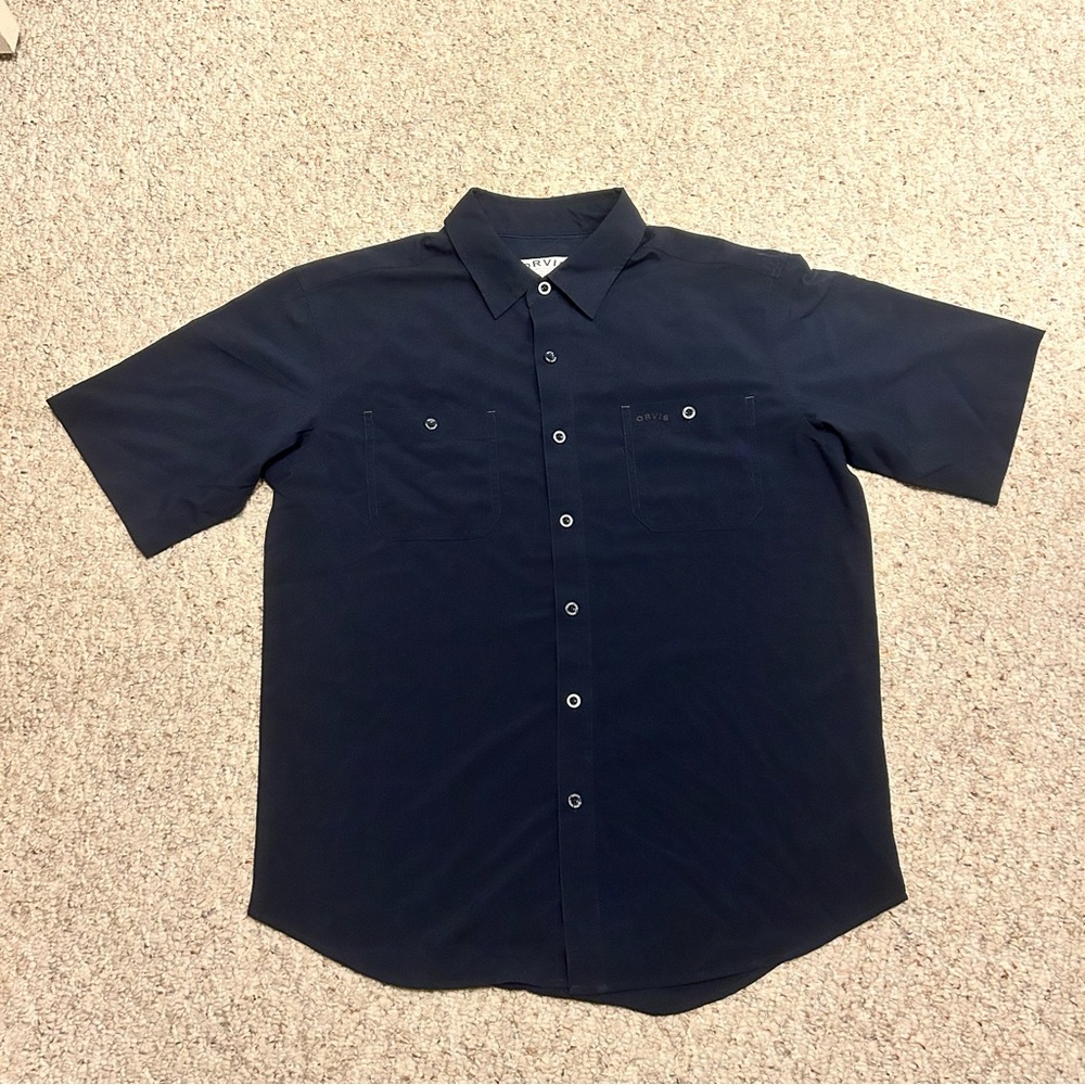 Orvis Shirt Mens Medium Blue Short Sleeve Button Up Outdoor Fishing Leather Logo